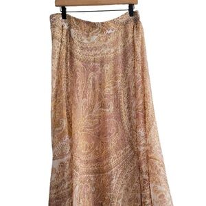 Chico's Women Large Tan Metallic Paisley Flowy Pull-On Elastic Midi Skirt